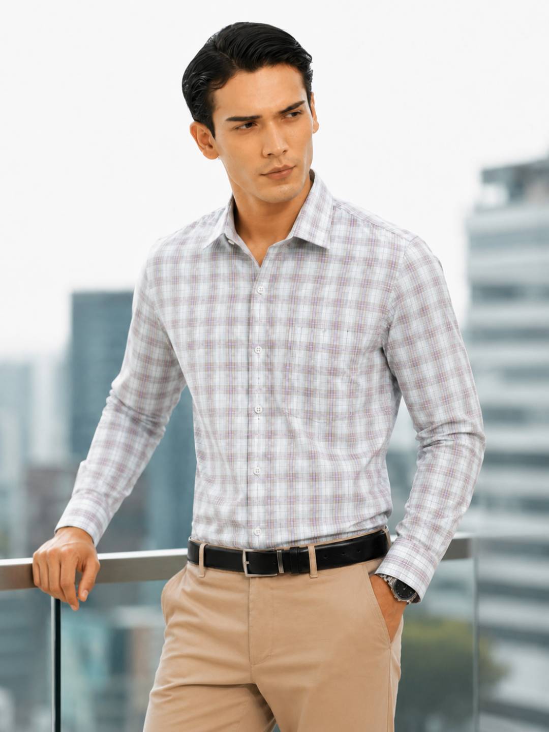 Cotton Dobby Grey with Purple Checked Regular Fit Shirt SRBJ6