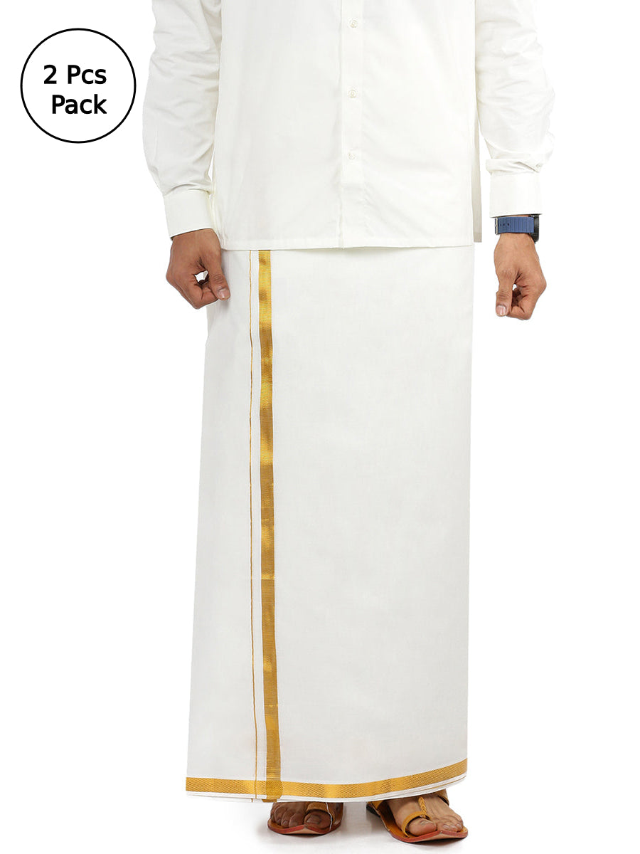 Mens 100% Cotton Single Dhoti Cream with 1/2" Gold Zari Border Galaxy (2 PCs Pack)