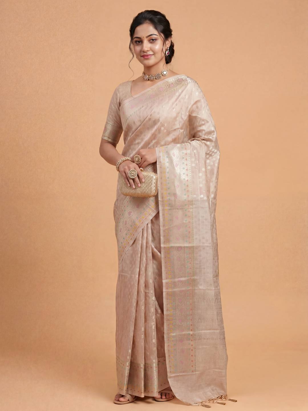 Women Tissue Peach Saree TS65