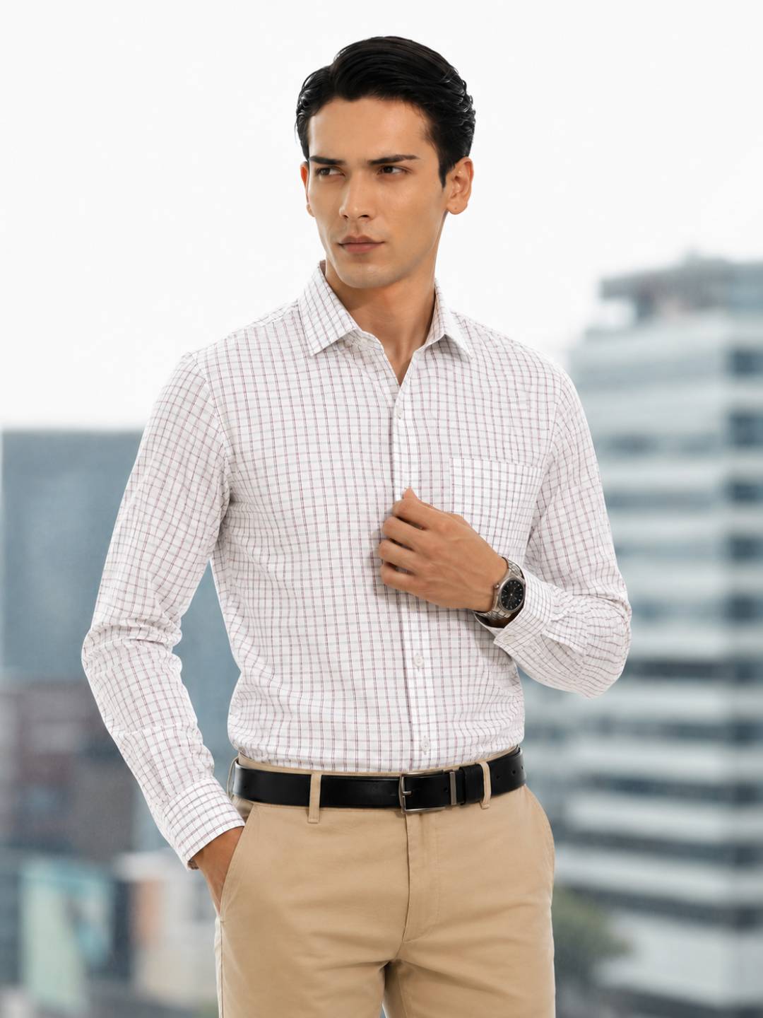 Cotton Dobby White with Purple Checked Regular Fit Shirt SRBP3