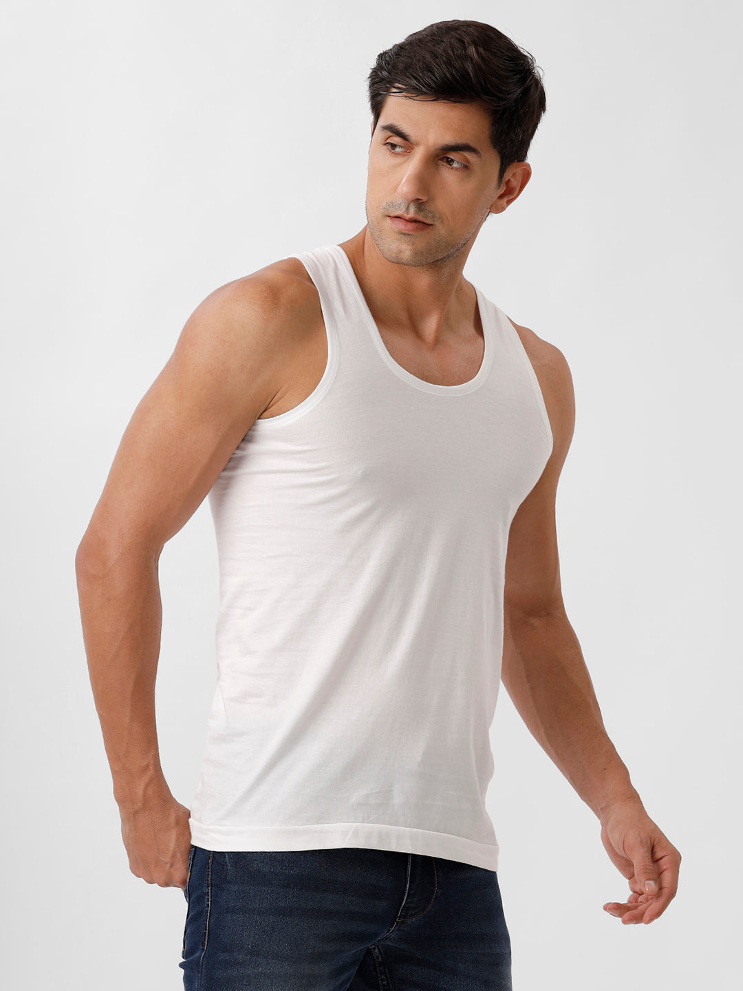 Men 100% Combed Cotton White Vest RN Plus Size Sukra (Pack of 2)