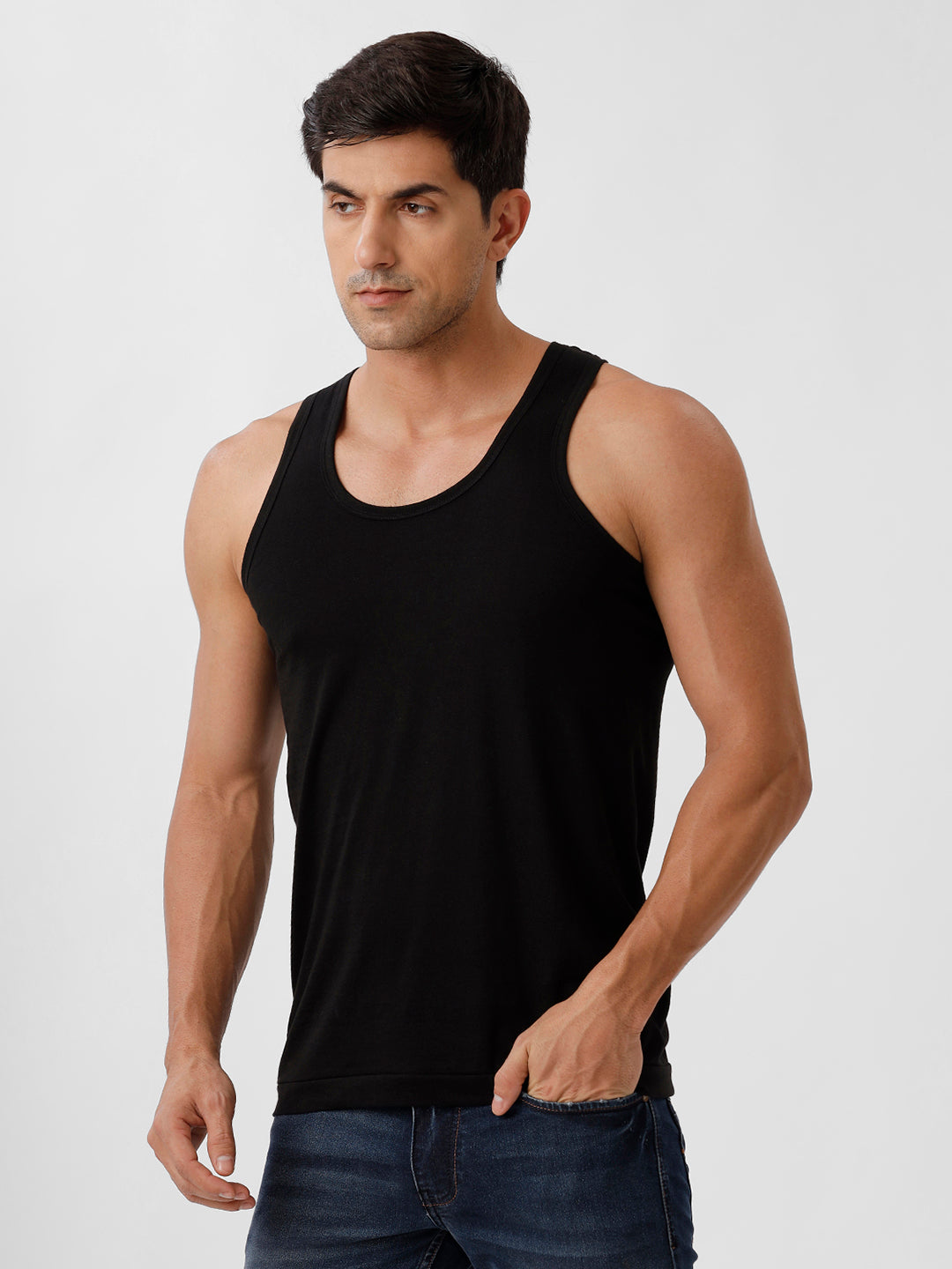 Men 100% Combed Cotton Black Vest RN Sukra (Pack of 2)