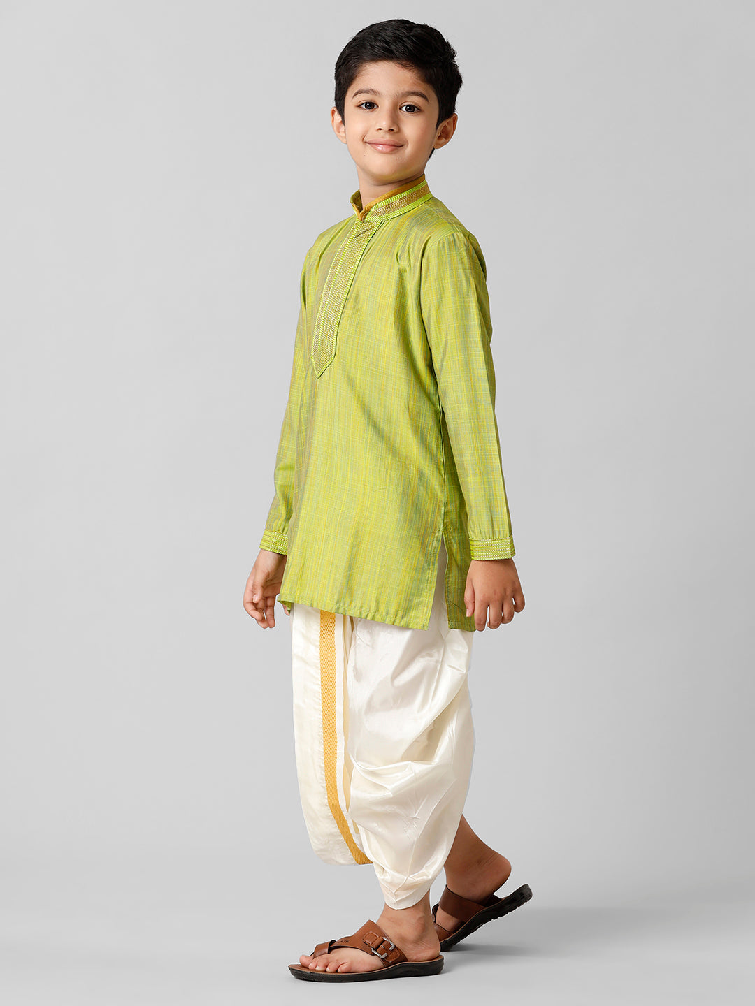 Boys Emerald Cotton Parrot Green Kurta with Cream Readymade Art Silk Panchakacham Combo EMD5-Side alternative view