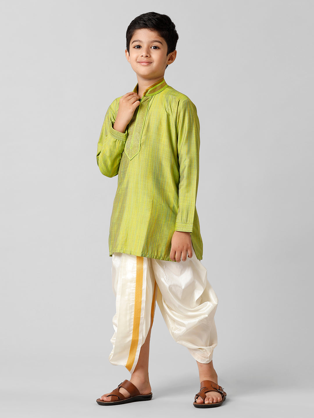 Boys Emerald Cotton Parrot Green Kurta with Cream Readymade Art Silk Panchakacham Combo EMD5-Side view