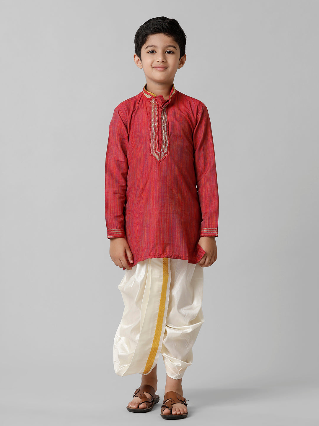 Boys Emerald Cotton Red Kurta with Cream Readymade Art Silk Panchakacham Combo EMD4