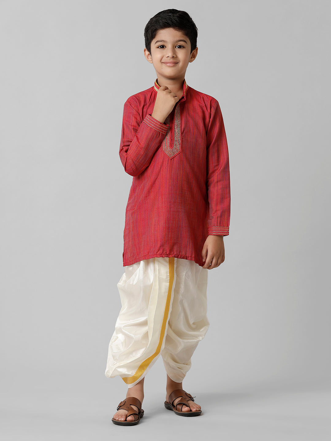 Boys Emerald Cotton Red Kurta with Cream Readymade Art Silk Panchakacham Combo EMD4-Front view