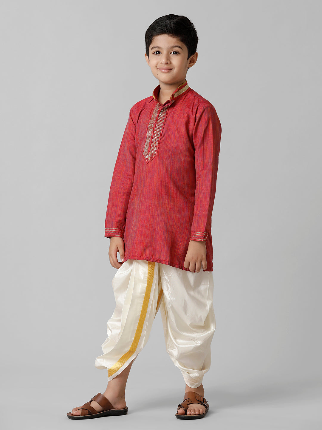 Boys Emerald Cotton Red Kurta with Cream Readymade Art Silk Panchakacham Combo EMD4-Side view