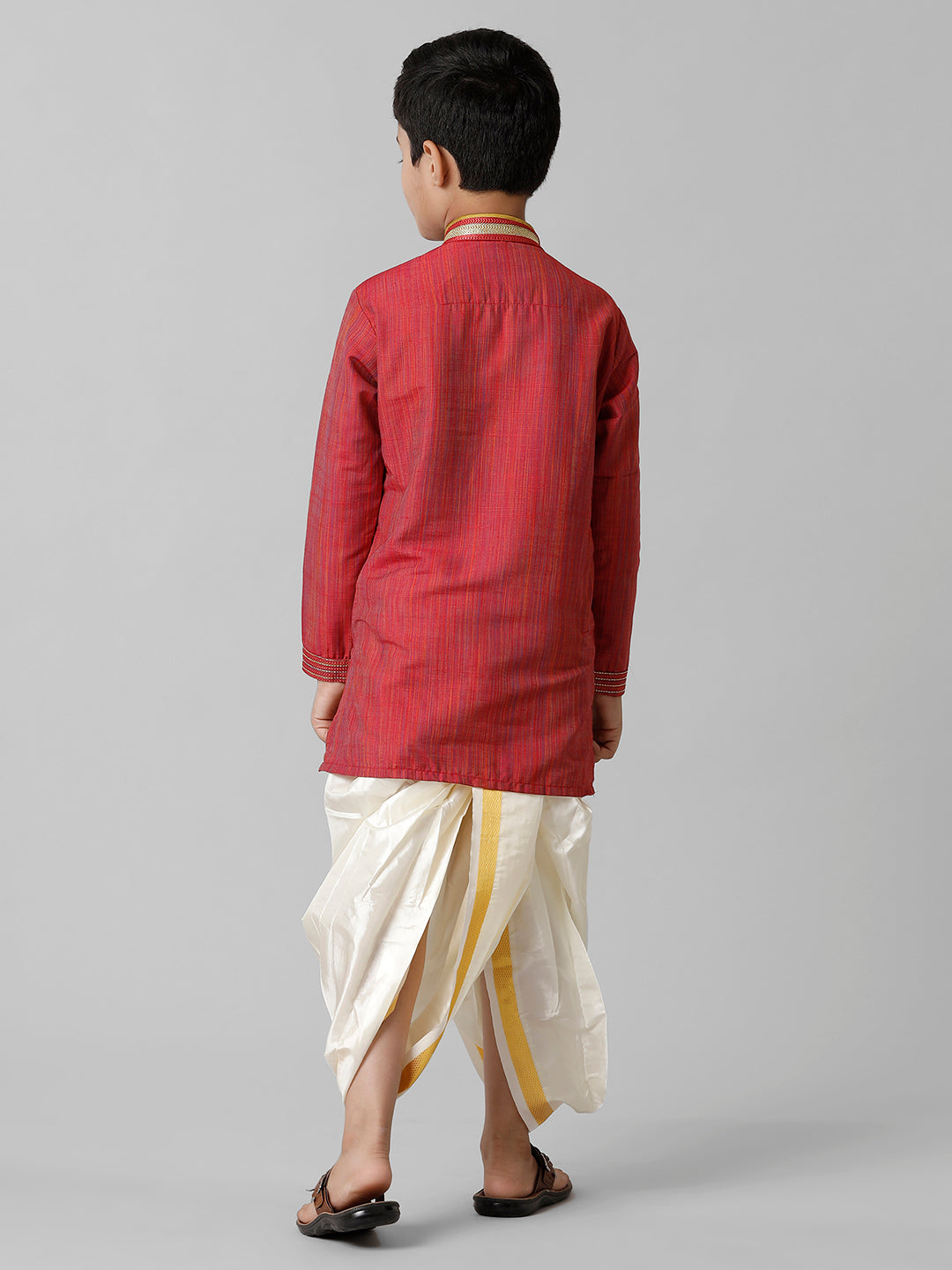 Boys Emerald Cotton Red Kurta with Cream Readymade Art Silk Panchakacham Combo EMD4-Back view