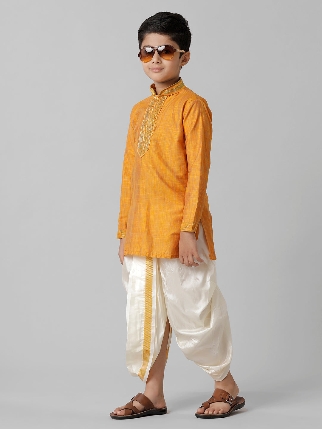 Boys Emerald Cotton Orange Kurta with Cream Readymade Art Silk Panchakacham Combo EMD3-Side view