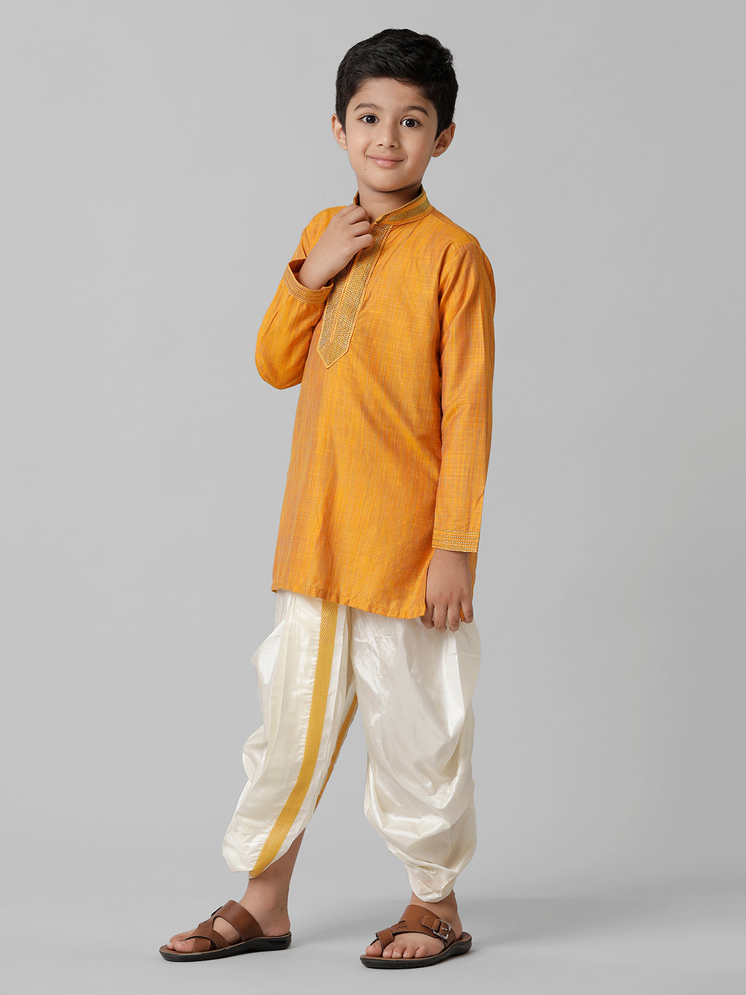 Boys Emerald Cotton Orange Kurta with Cream Readymade Art Silk Panchakacham Combo EMD3-Side view