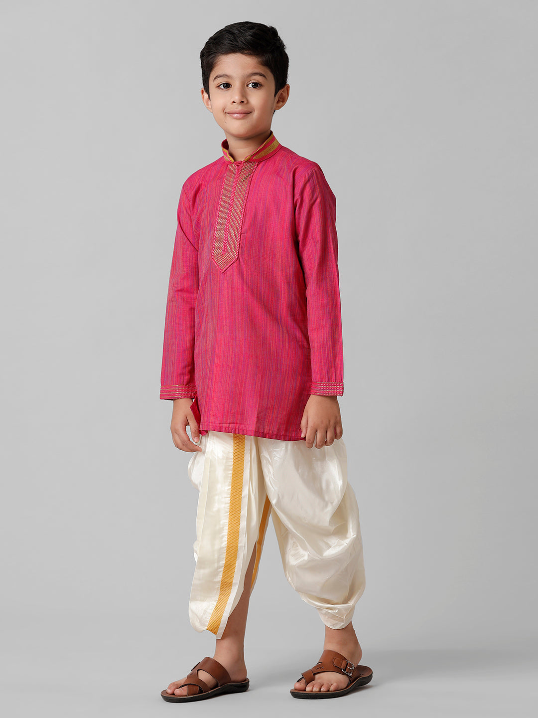 Boys Emerald Cotton Dark Pink Kurta with Cream Readymade Art Silk Panchakacham Combo EMD1-Side view