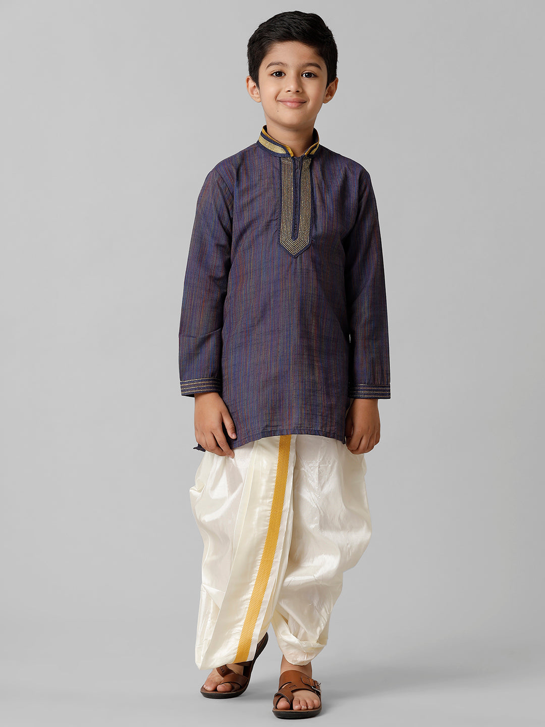 Boys Emerald Cotton Navy Kurta with Cream Readymade Art Silk Panchakacham Combo EMD6