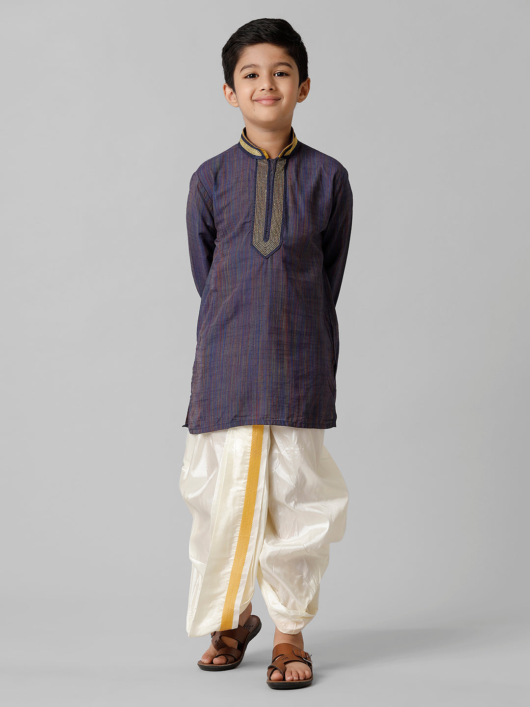 Boys Emerald Cotton Navy Kurta with Cream Readymade Art Silk Panchakacham Combo EMD6-Front view