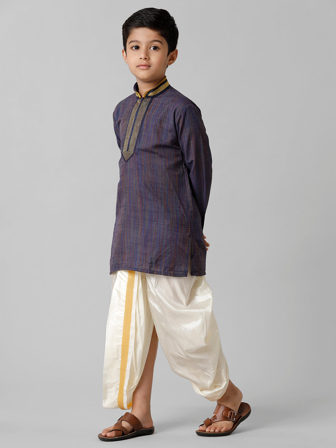 Boys Emerald Cotton Navy Kurta with Cream Readymade Art Silk Panchakacham Combo EMD6-Side view
