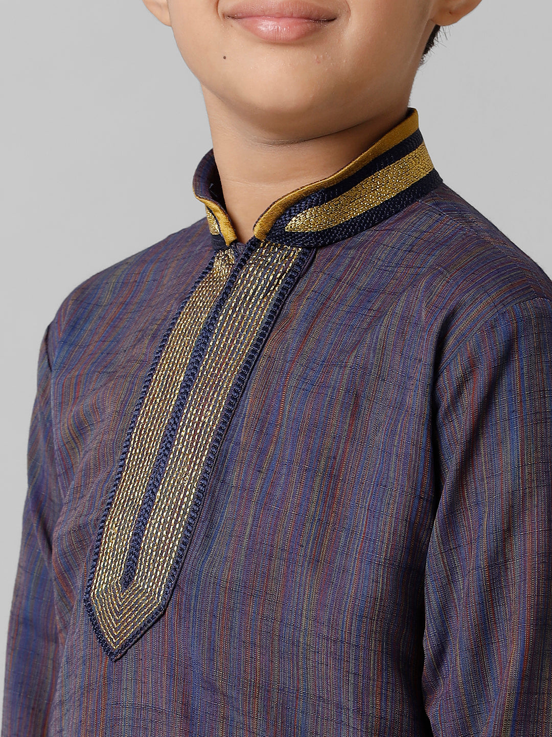 Boys Emerald Cotton Navy Kurta with Cream Readymade Art Silk Panchakacham Combo EMD6-Zoom view