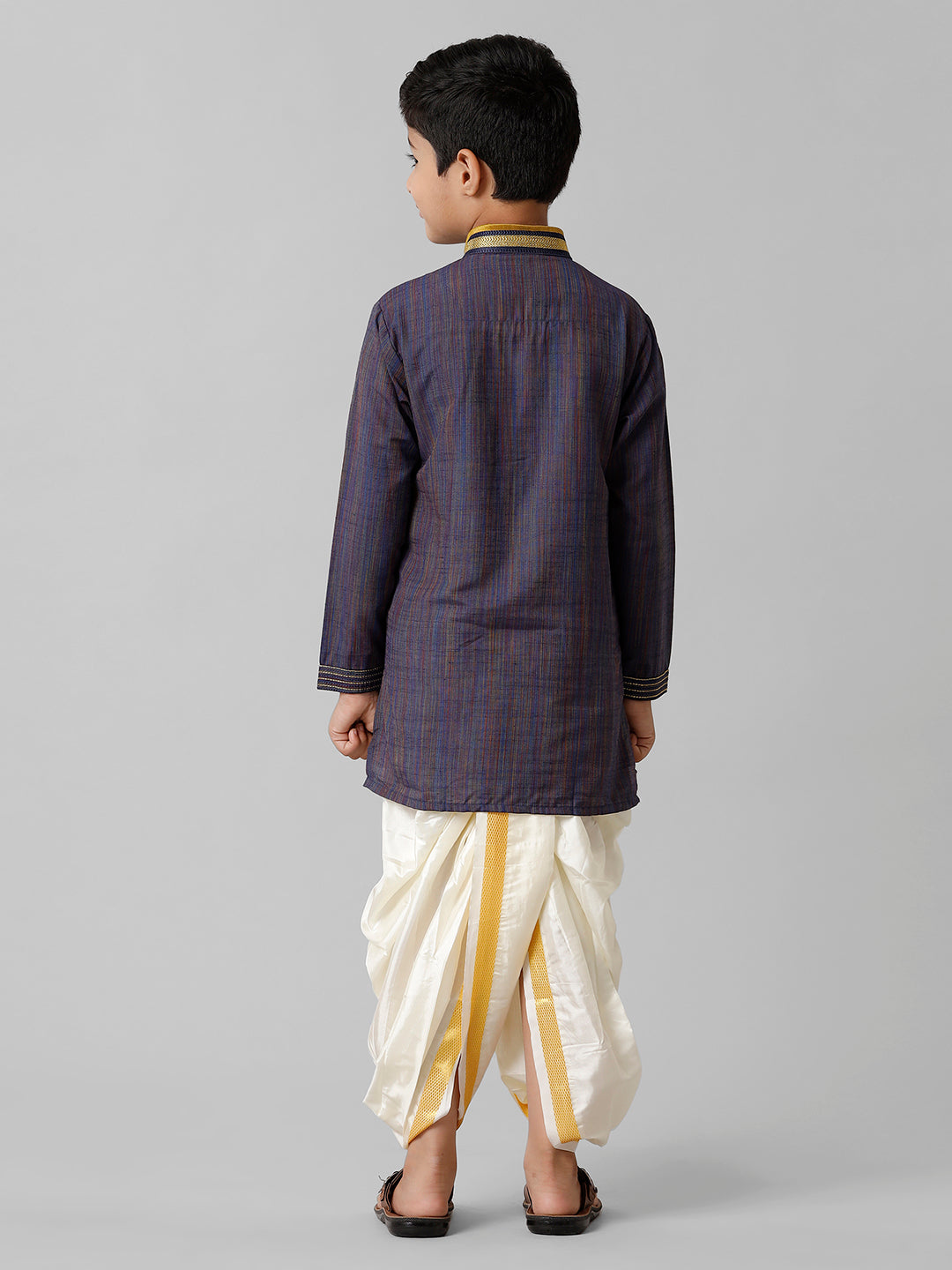 Boys Emerald Cotton Navy Kurta with Cream Readymade Art Silk Panchakacham Combo EMD6-Back view