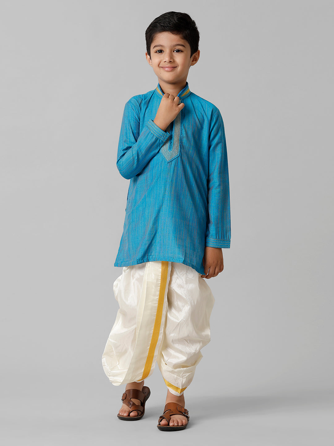 Boys Emerald Cotton Sky Blue Kurta with Cream Readymade Art Silk Panchakacham Combo EMD2