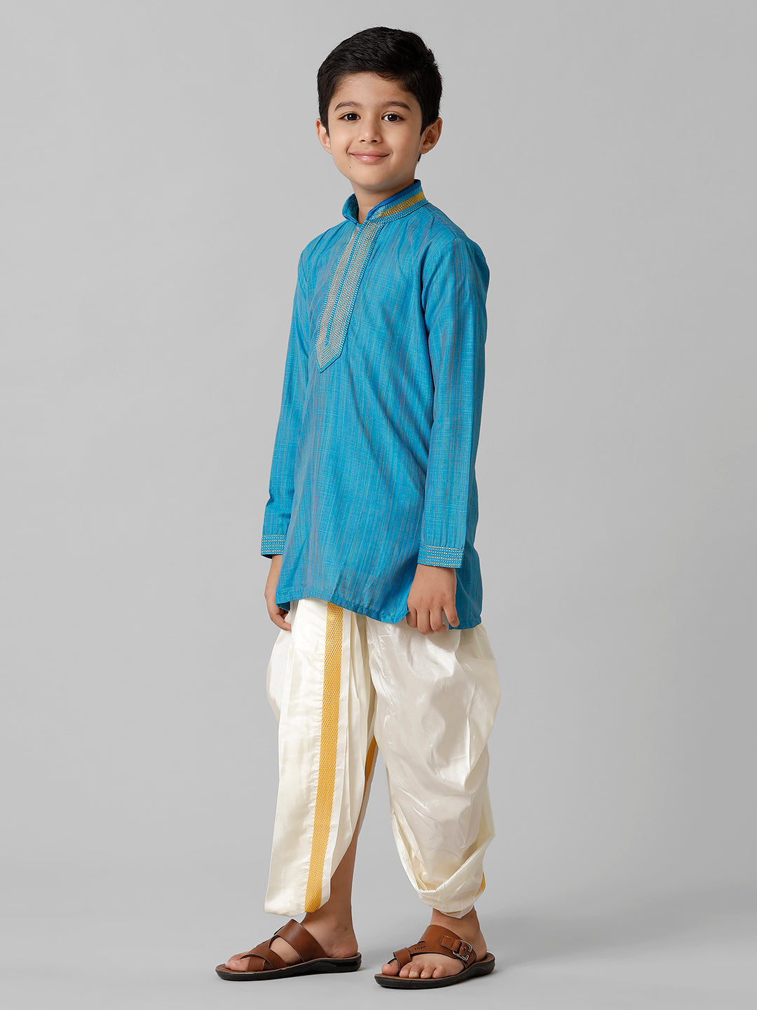 Boys Emerald Cotton Sky Blue Kurta with Cream Readymade Art Silk Panchakacham Combo EMD2-Side view