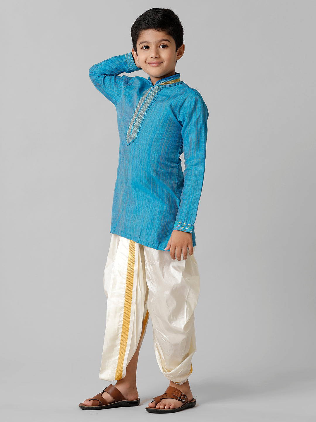 Boys Emerald Cotton Sky Blue Kurta with Cream Readymade Art Silk Panchakacham Combo EMD2-Front view