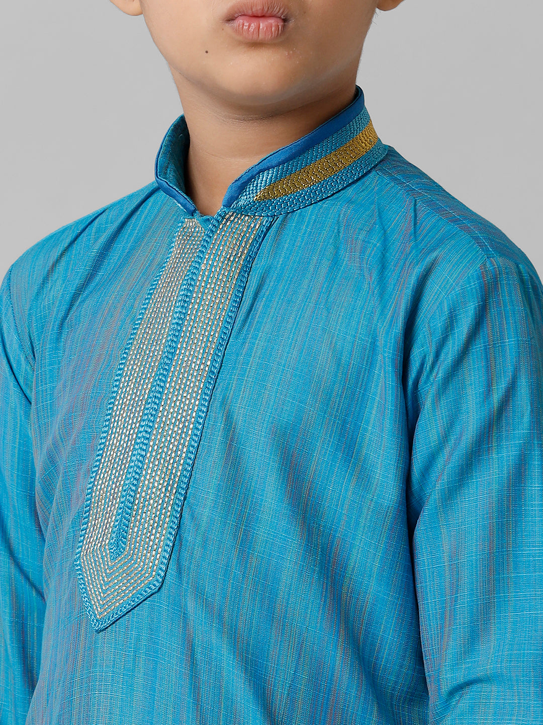 Boys Emerald Cotton Sky Blue Kurta with Cream Readymade Art Silk Panchakacham Combo EMD2-Zoom view
