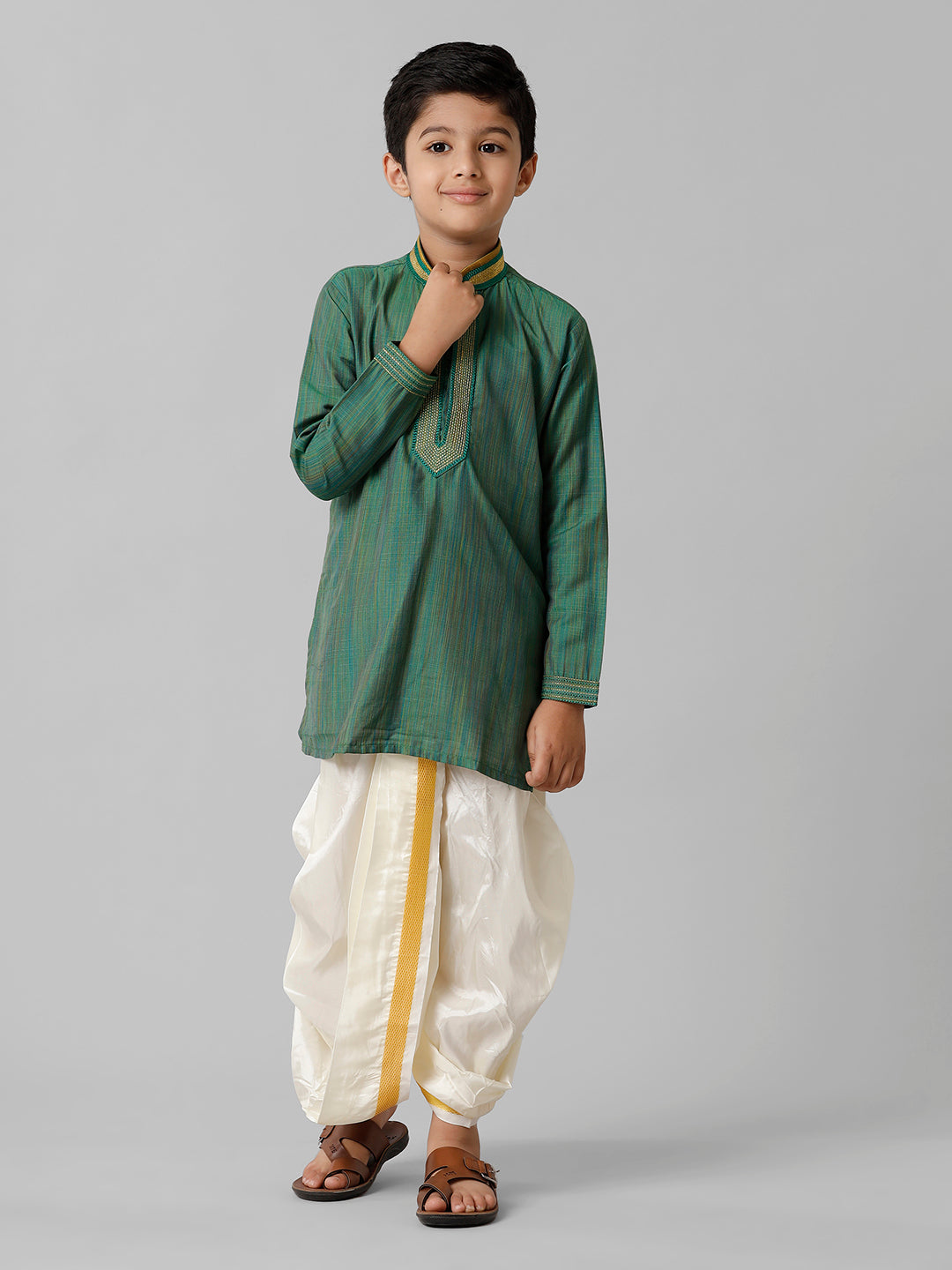 Boys Emerald Cotton Dark Green Kurta with Cream Readymade Art Silk Panchakacham Combo EMD7-Front view