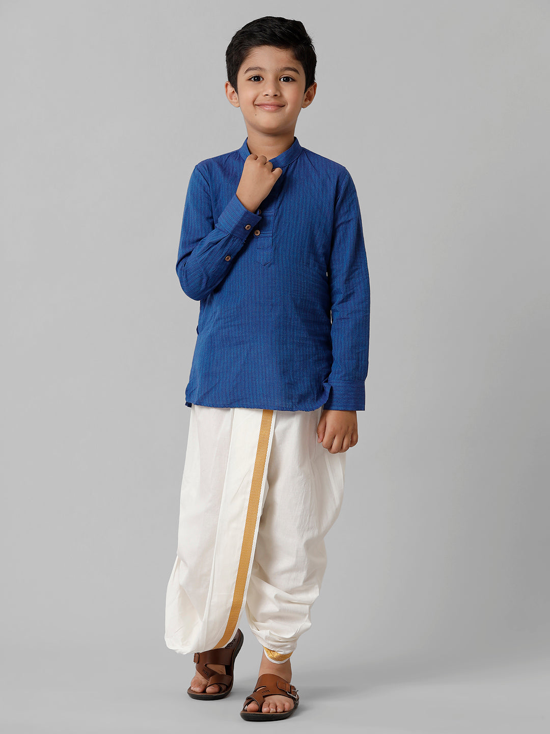 Boys Breeze Cotton Navy Kurta with Cream Elastic Panchakacham Towel Combo COT2-Front view