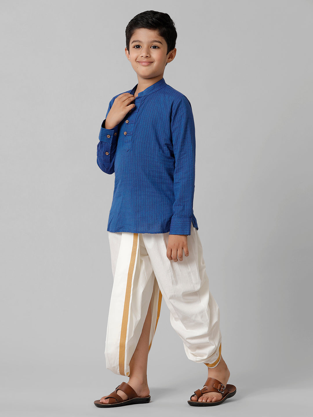 Boys Breeze Cotton Navy Kurta with Cream Elastic Panchakacham Combo COT2-Side view
