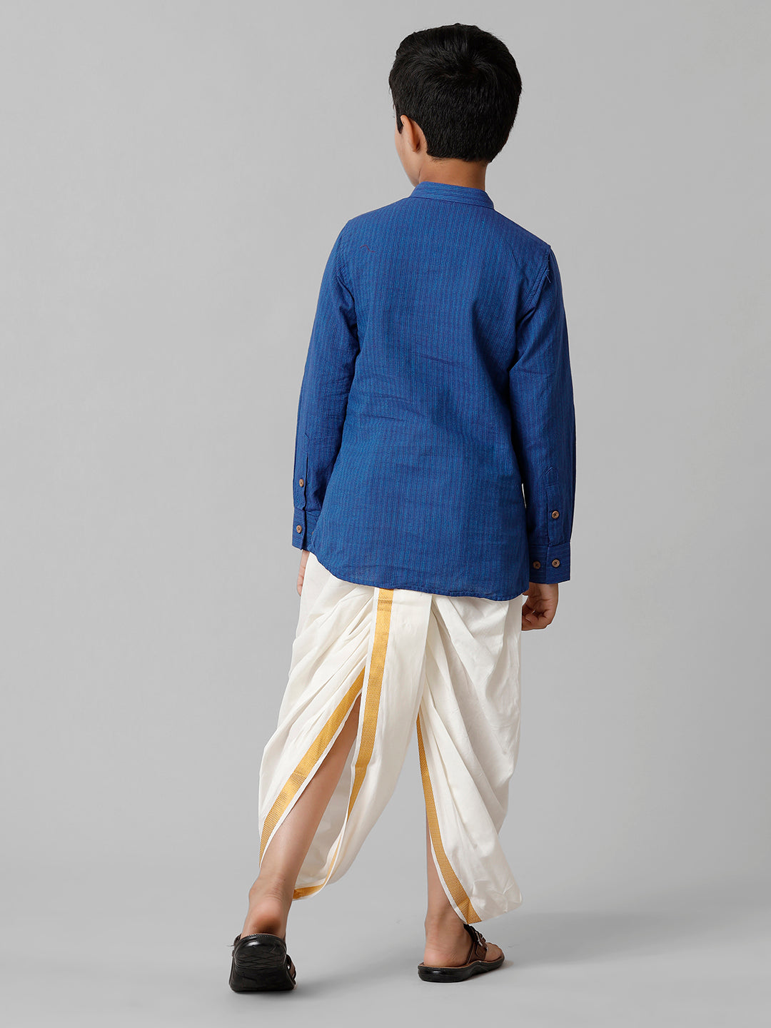 Boys Breeze Cotton Navy Kurta with Cream Elastic Panchakacham Combo COT2-Back view