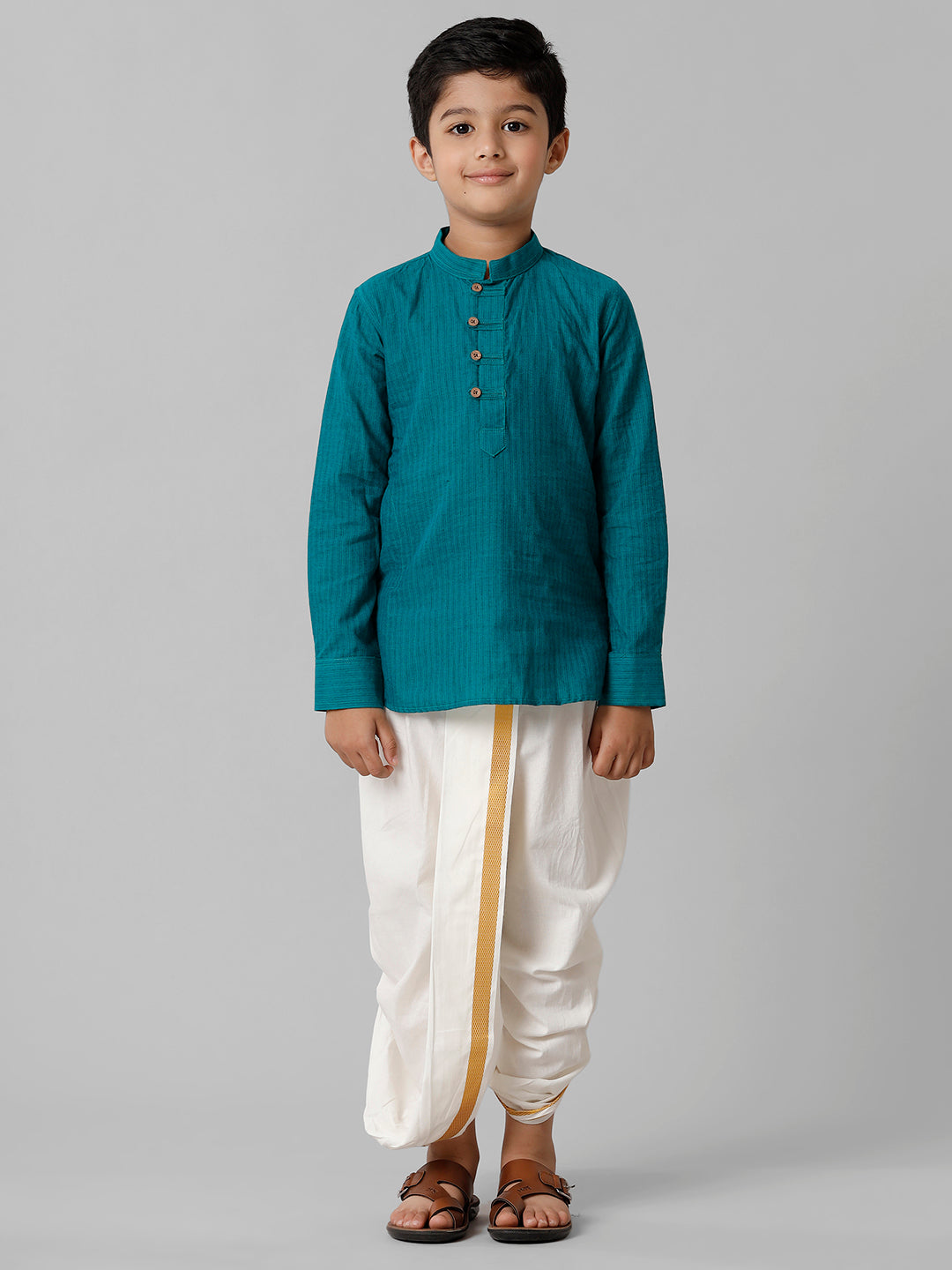 Boys Breeze Cotton Peacock Green Kurta with Cream Elastic Panchakacham Towel Combo COT6-Front view