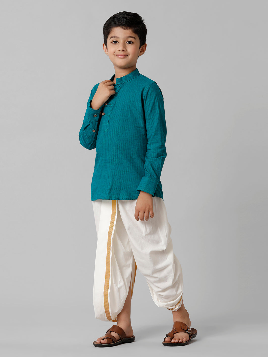 Boys Breeze Cotton Peacock Green Kurta with Cream Elastic Panchakacham Combo COT6-Side view