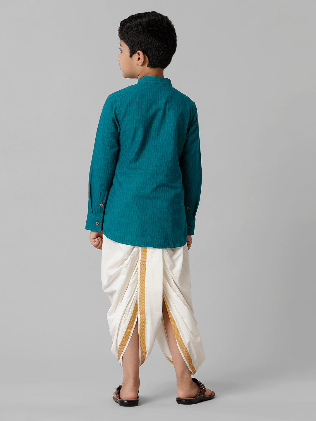 Boys Breeze Cotton Peacock Green Kurta with Cream Elastic Panchakacham Combo COT6-Back view