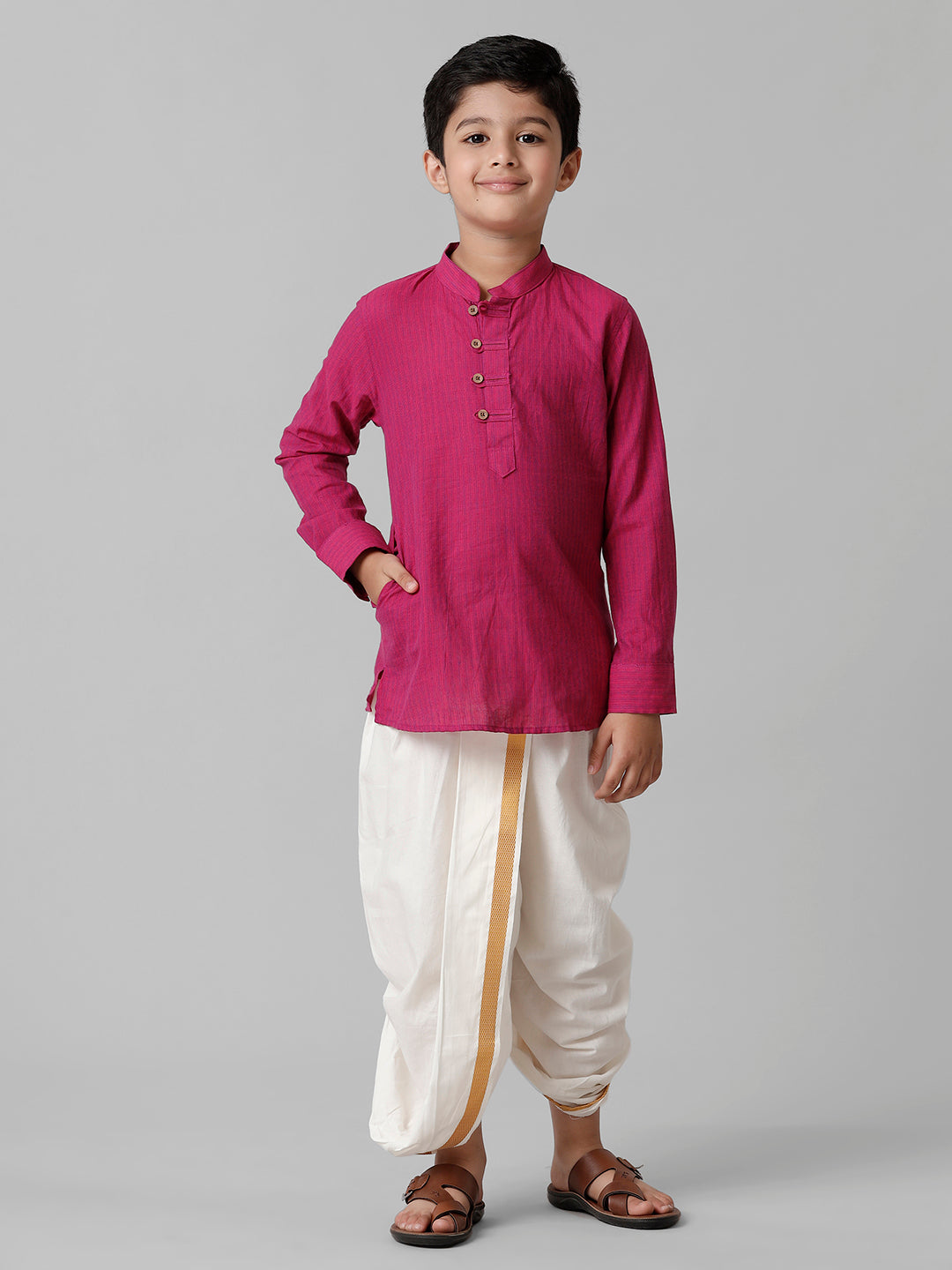 Boys Breeze Cotton Purple Kurta with Cream Elastic Panchakacham Combo COT4-Front view
