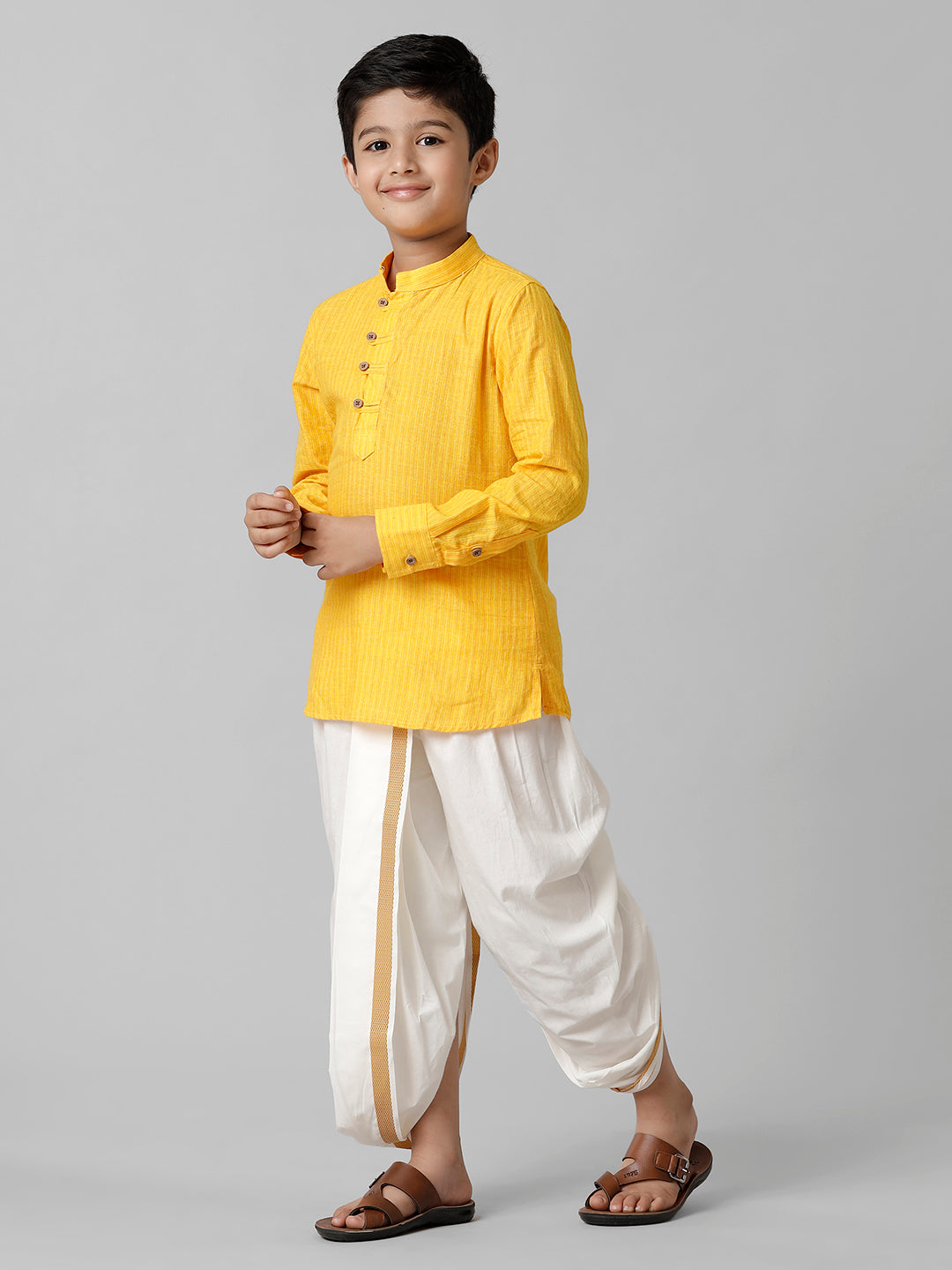 Boys Breeze Cotton Yellow Kurta with Cream Elastic Panchakacham Combo COT7-Side view