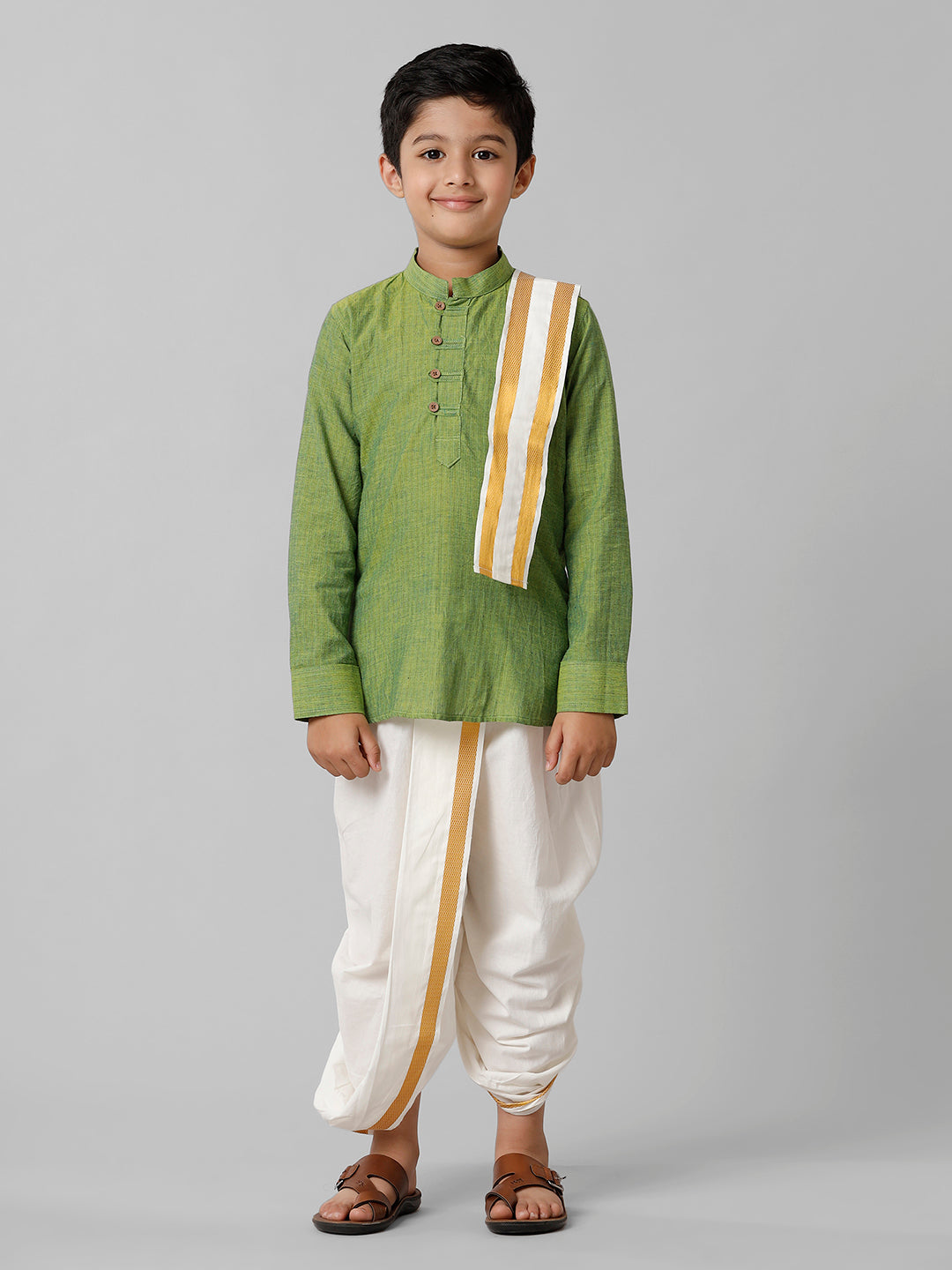Boys Breeze Cotton Yellowish Green Kurta with Cream Elastic Panchakacham Towel Combo COT3