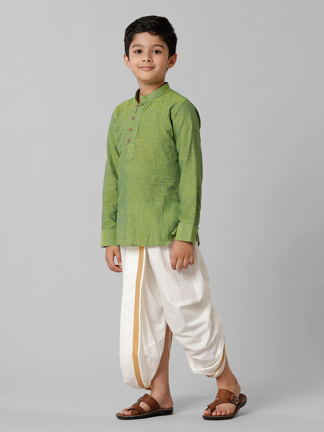 Boys Breeze Cotton Yellowish Green Kurta with Cream Elastic Panchakacham Combo COT3-Side view