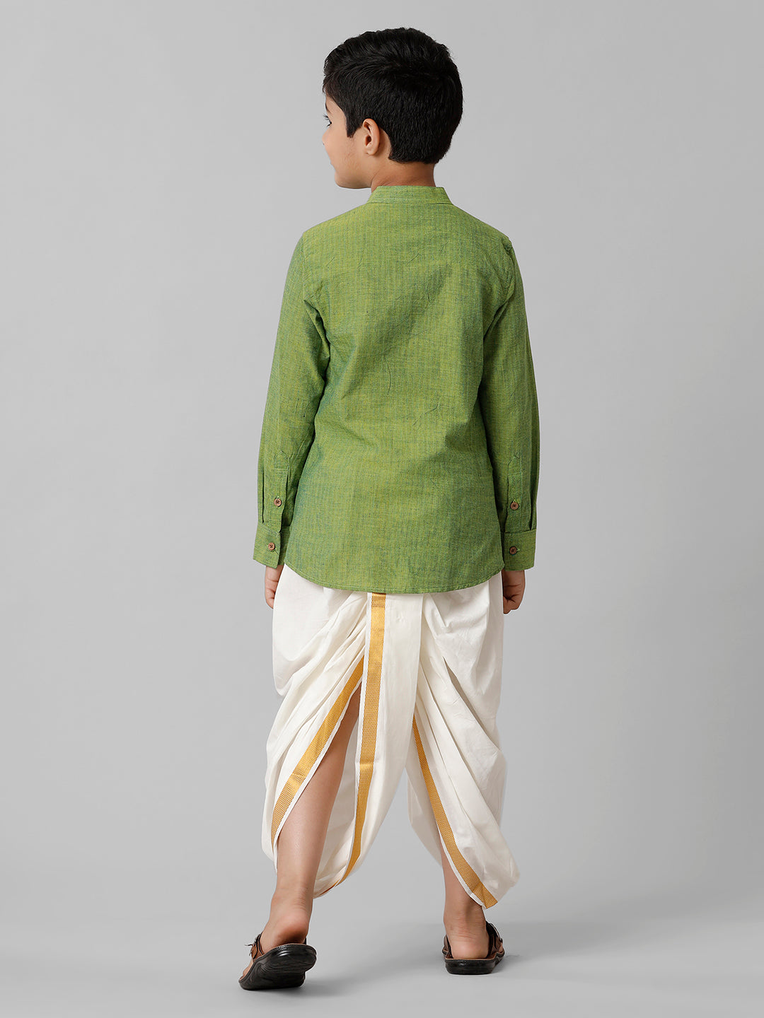Boys Breeze Cotton Yellowish Green Kurta with Cream Elastic Panchakacham Towel Combo COT3-Back view