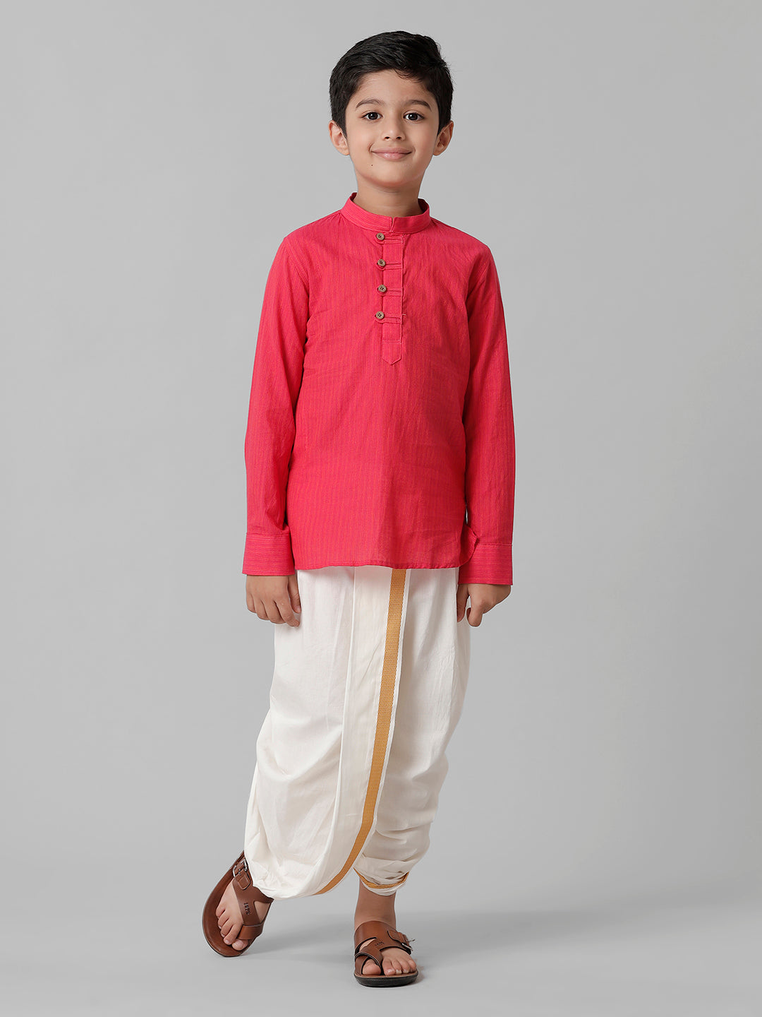 Boys Breeze Cotton Pink Kurta with Cream Elastic Panchakacham Towel Combo COT1-Front view