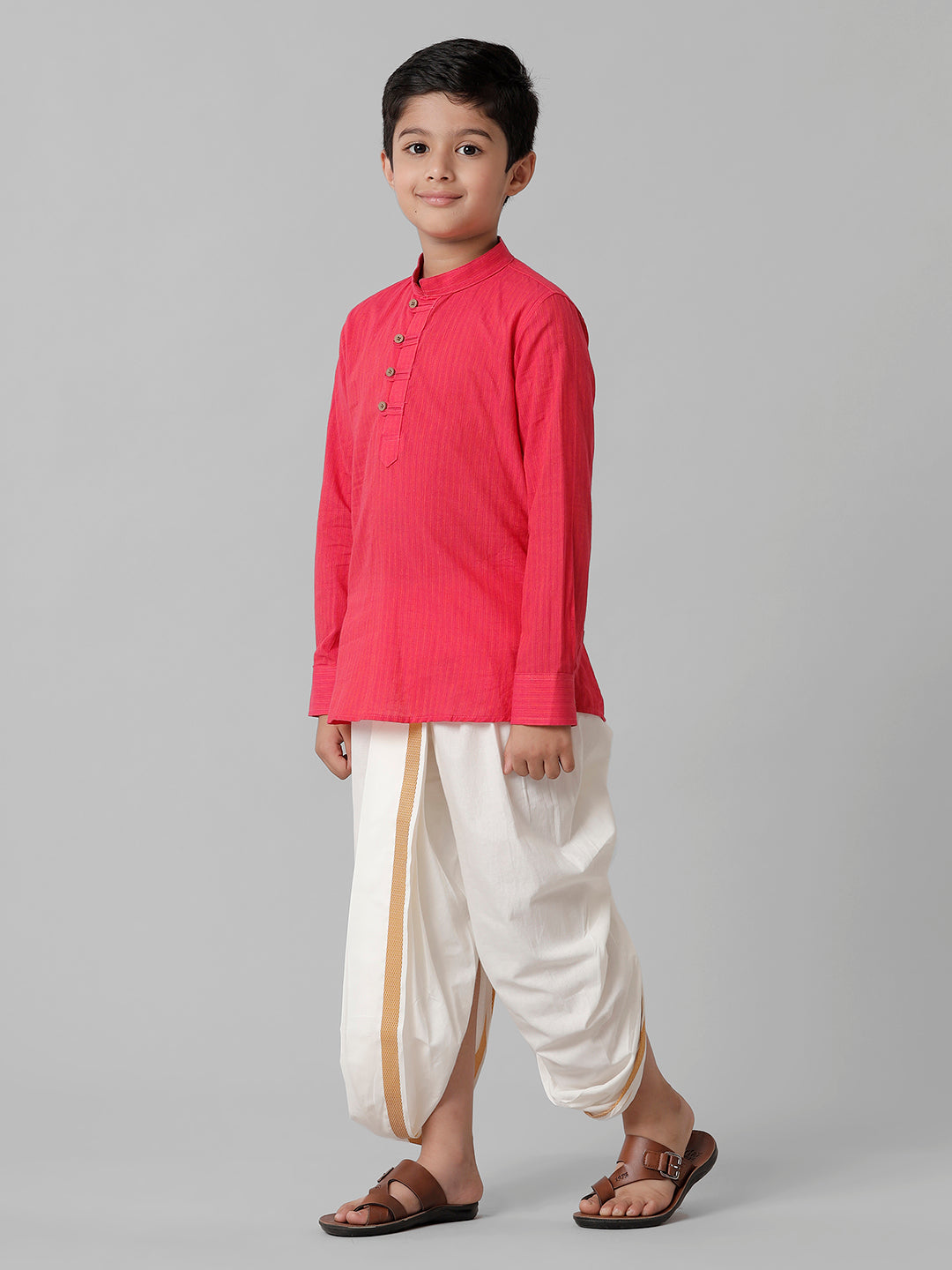 Boys Breeze Cotton Pink Kurta with Cream Elastic Panchakacham Combo COT1-Side view