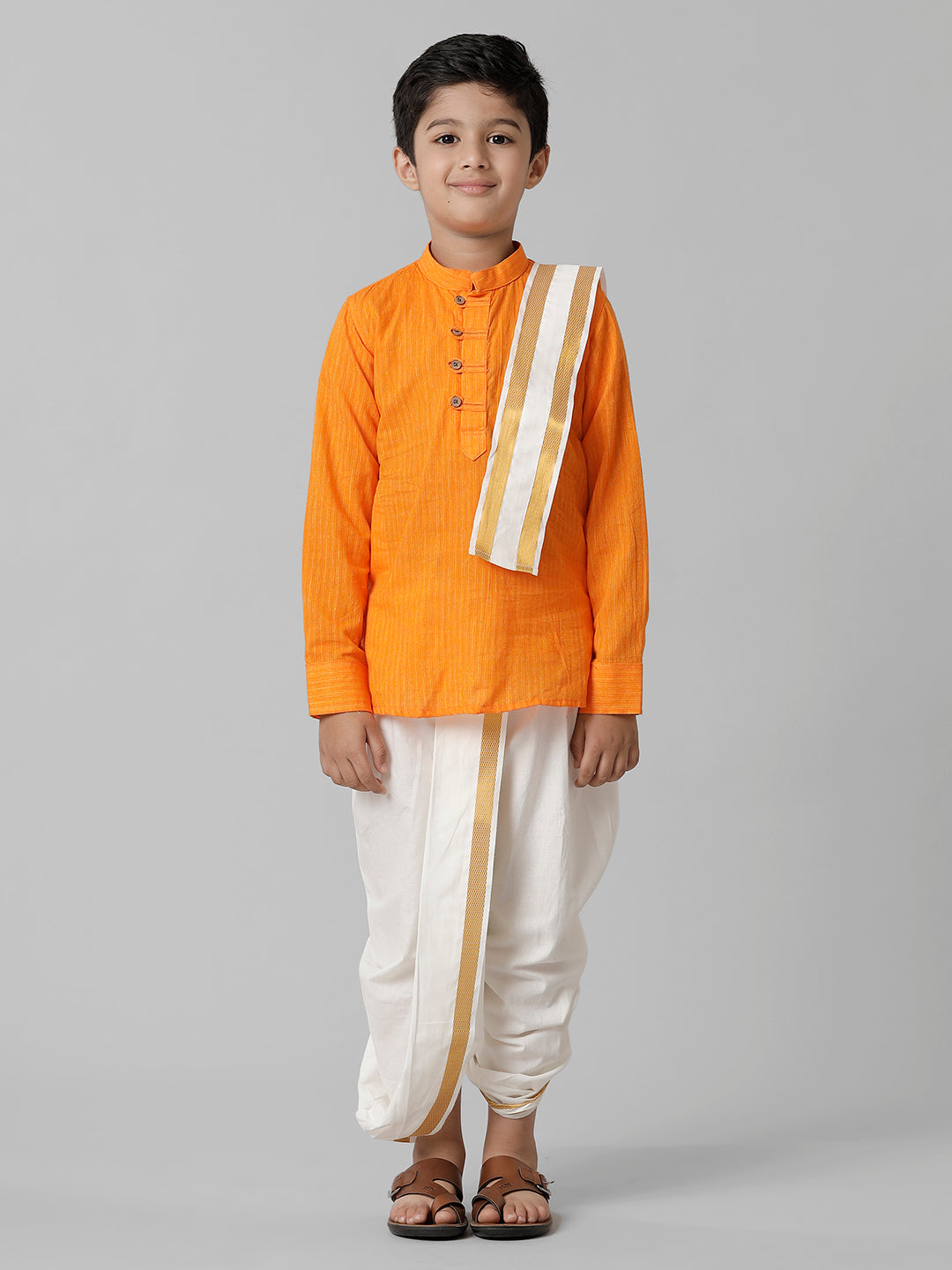 Boys Breeze Cotton Orange Kurta with Cream Elastic Panchakacham Towel Combo COT5