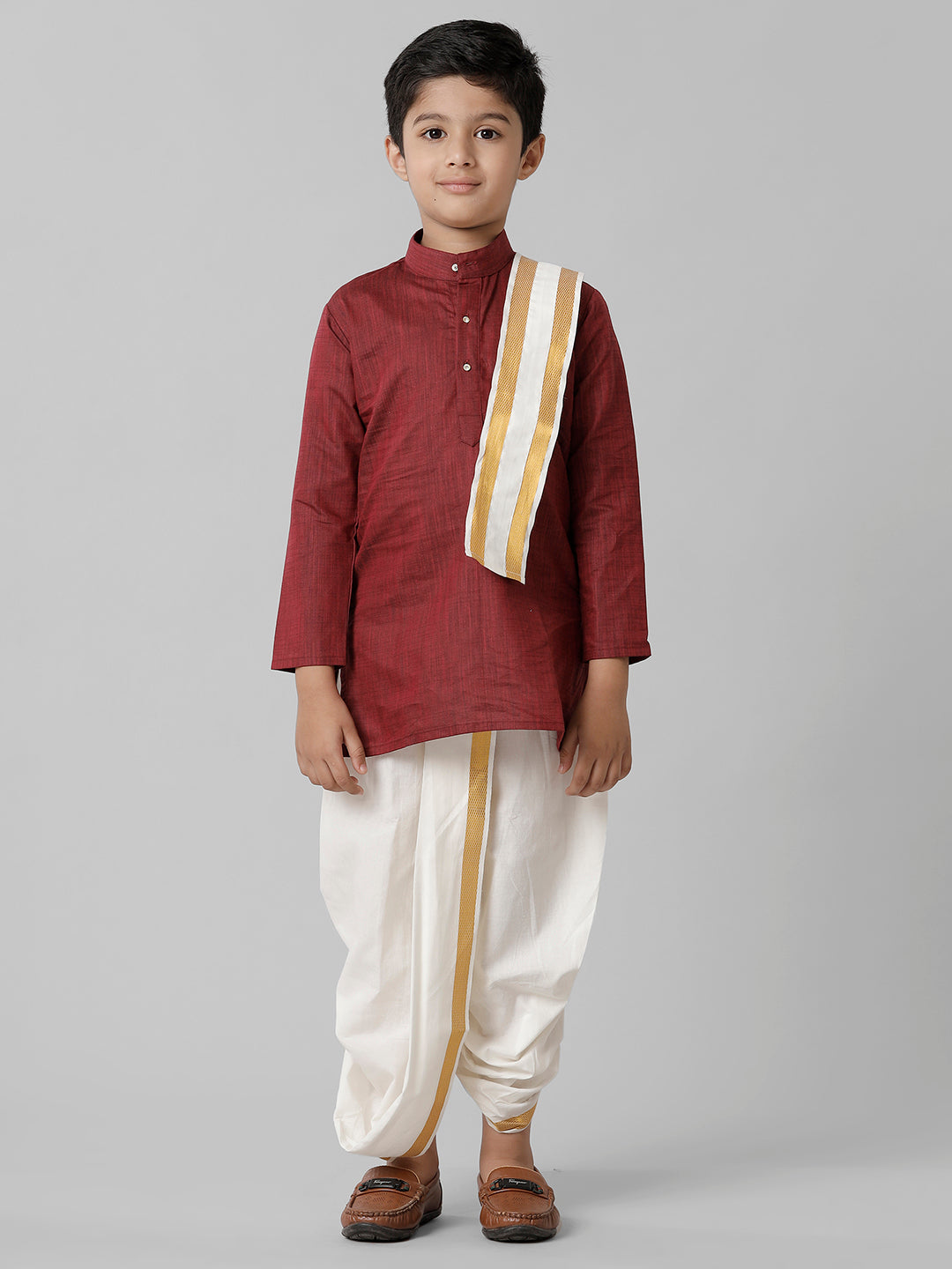 Boys Cotton Maroon Kurta with Cream Elastic Panchakacham Towel Combo F