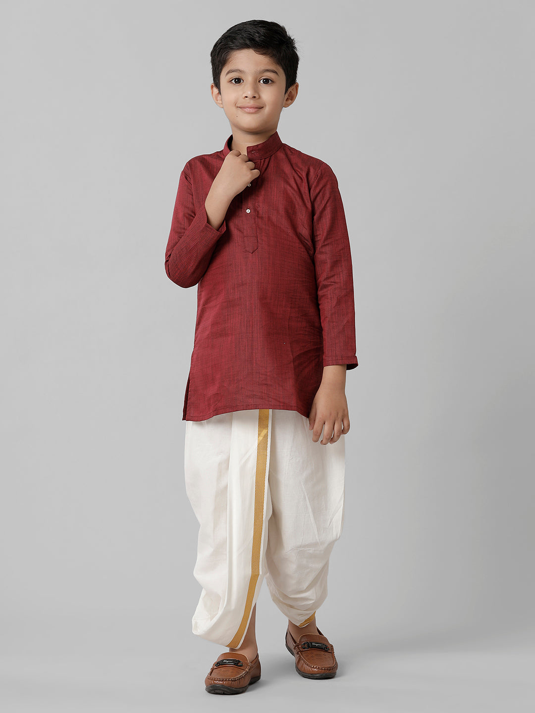 Boys Cotton Maroon Kurta with Cream Elastic Panchakacham Combo FS7-Front view
