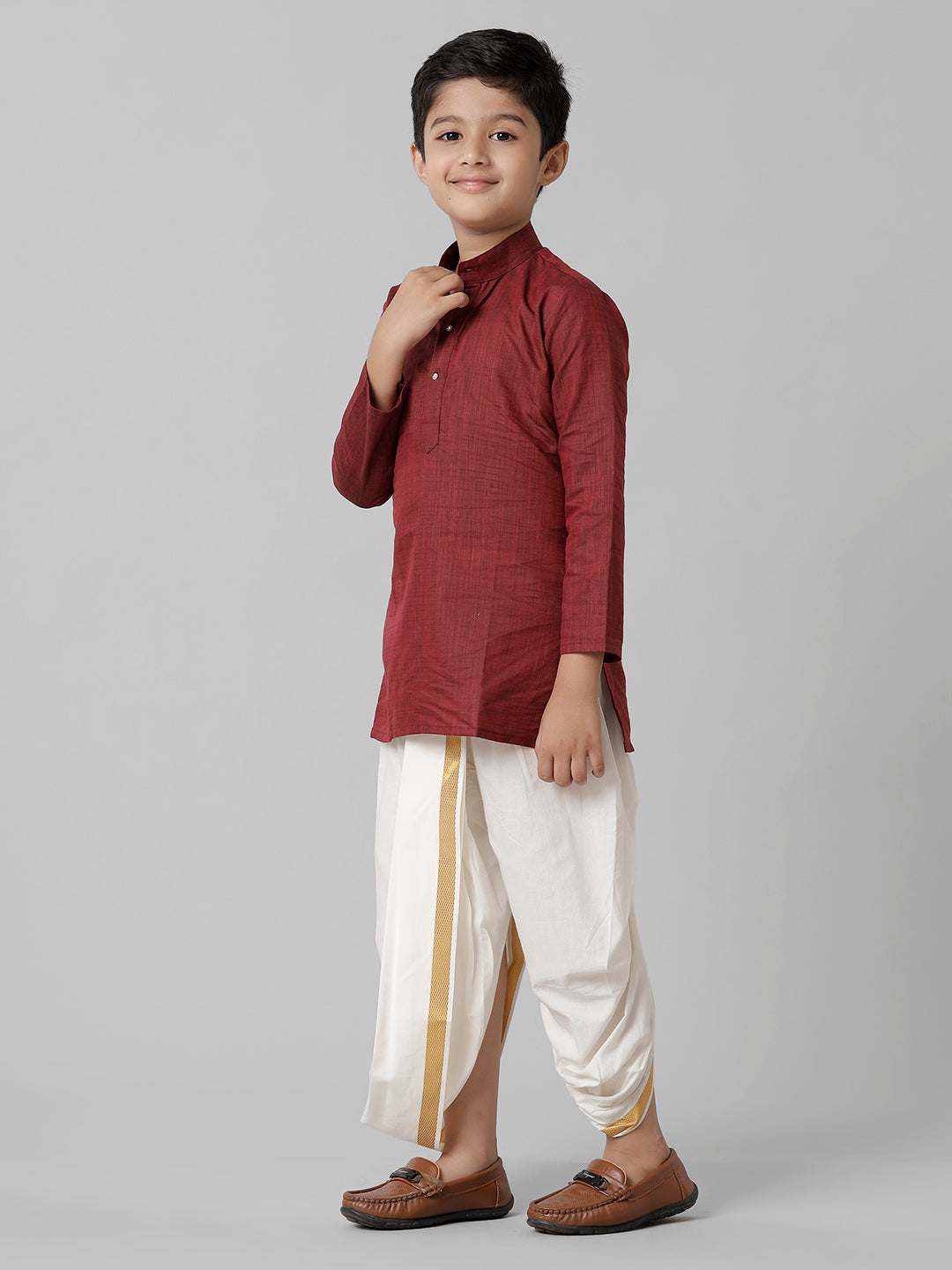 Boys Cotton Maroon Kurta with Cream Elastic Panchakacham Combo FS7-Side view