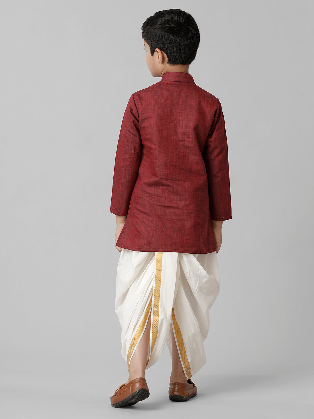 Boys Cotton Maroon Kurta with Cream Elastic Panchakacham Combo FS7-Back view