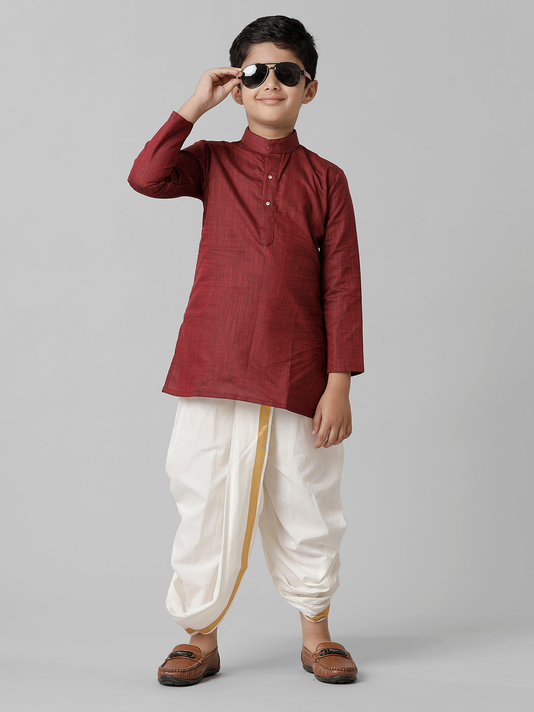 Boys Cotton Maroon Kurta with Cream Elastic Panchakacham Towel Combo FS7-Front view