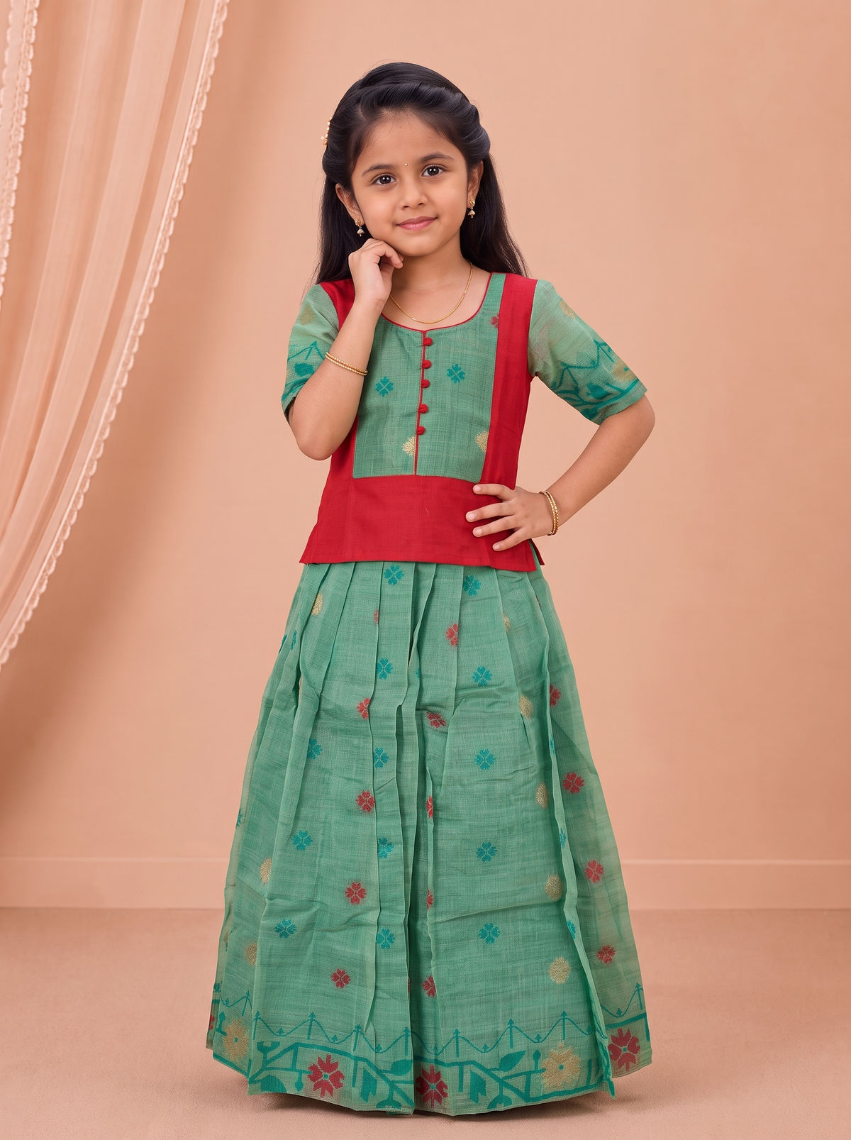 Girls Cotton Green Purple Pavadai Set GPS72