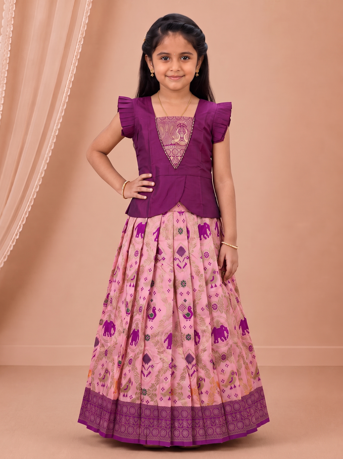 Girls Art Silk Purple Pattu Pavadai Set GPS73