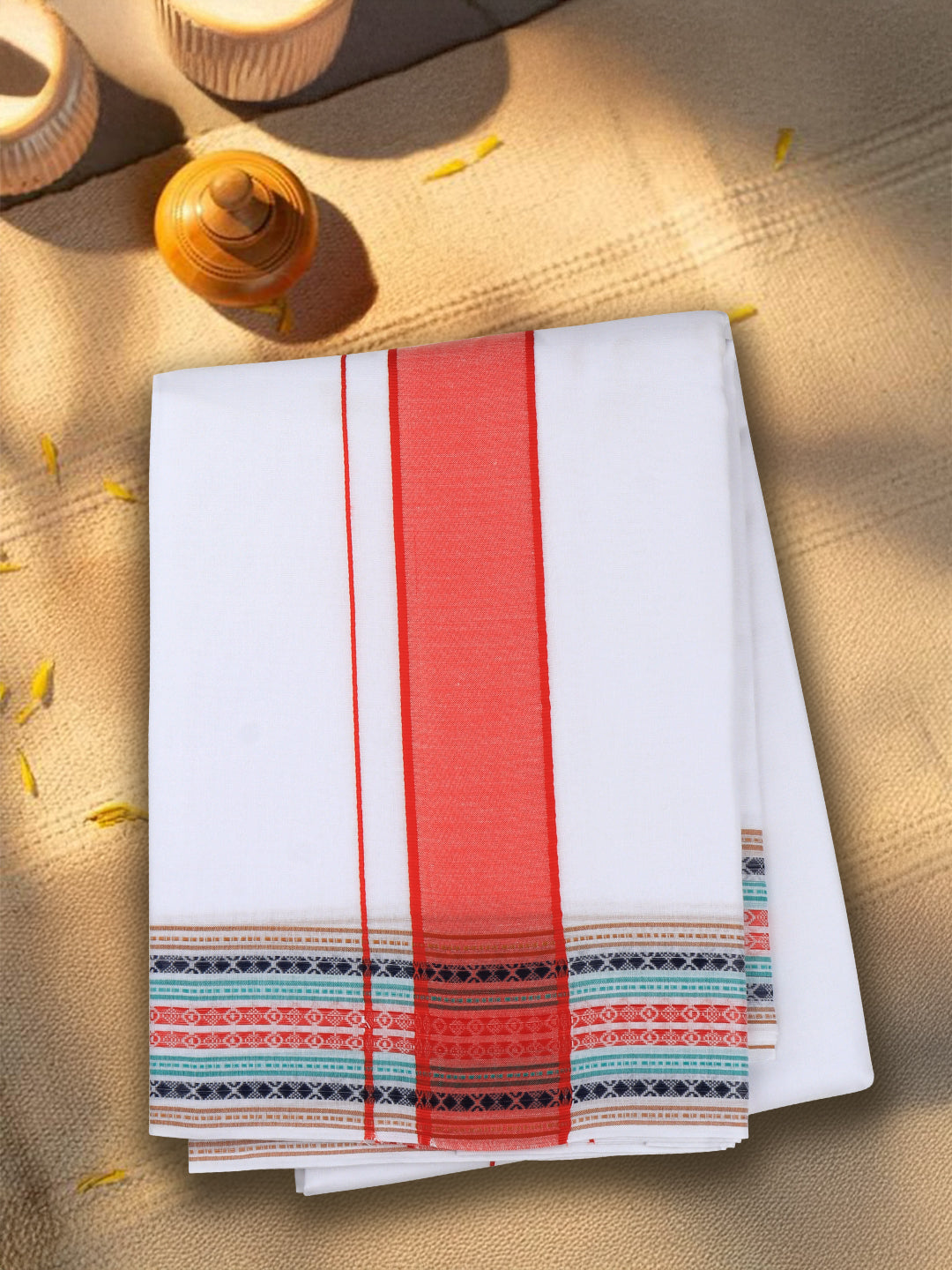 Men Cotton Red Fancy Border Panchakacham with Angavasthram Srirasthu(9+5) SR62