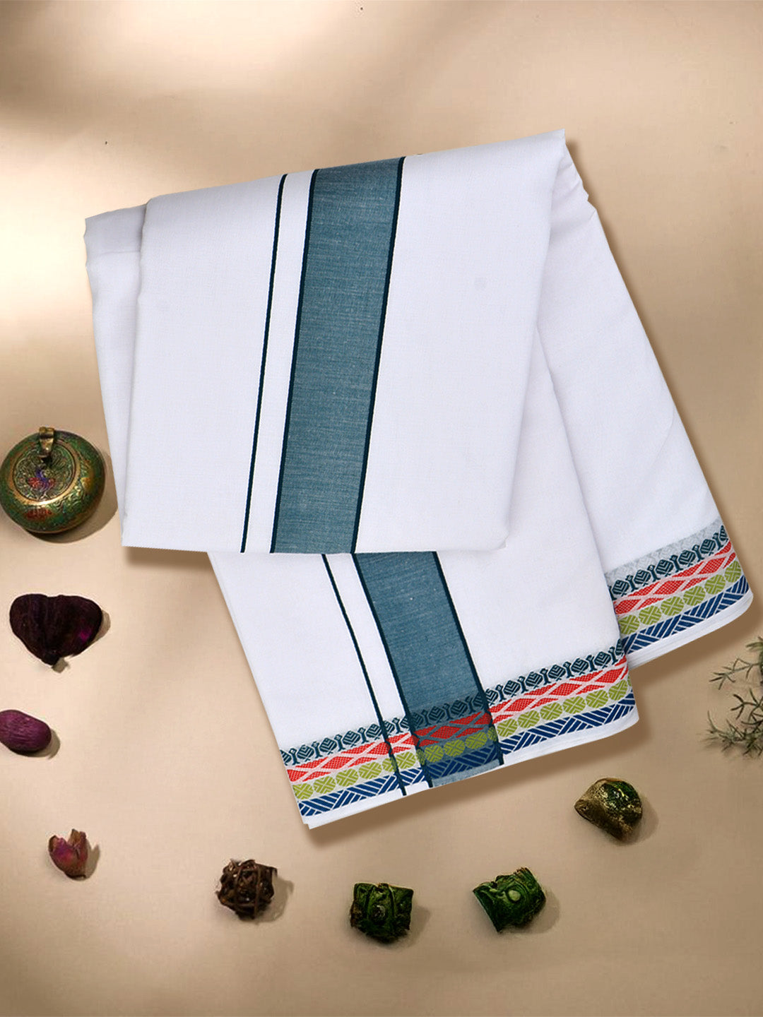 Men Cotton Green Fancy Border Panchakacham with Angavasthram (9+5) JD03