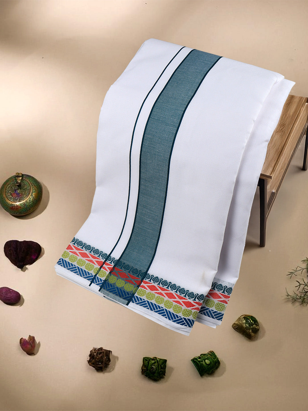 Men Cotton Green Fancy Border Panchakacham with Angavasthram (9+5) JD03