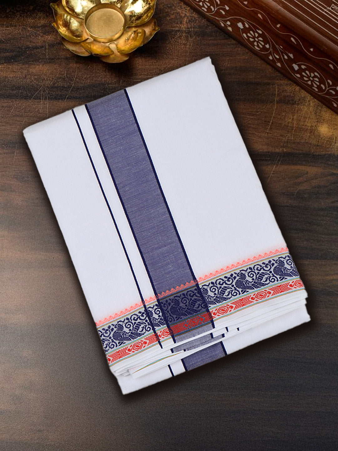 Men Cotton Navy Fancy Border Panchakacham with Angavasthram (9+5) JD11